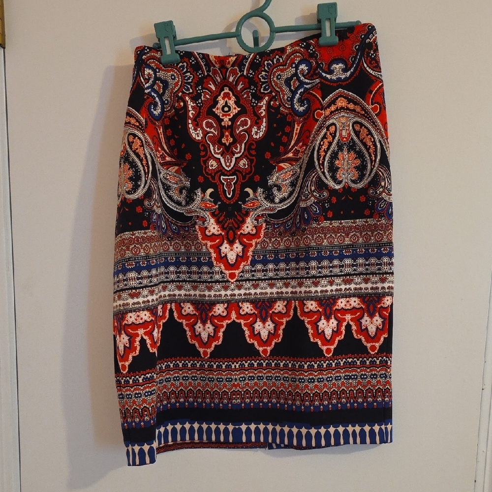 INC International Concepts Red and Blue Paisley Pencil Skirt
